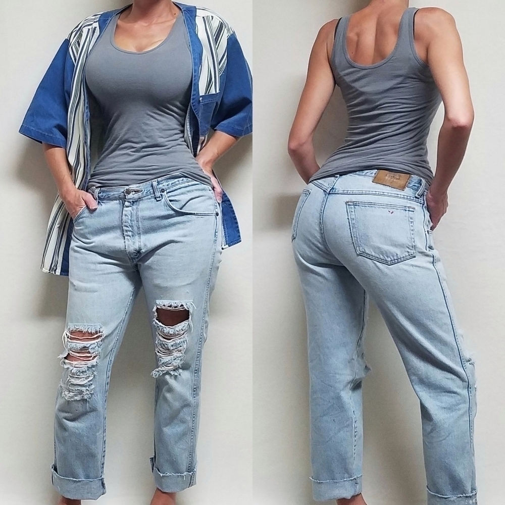 VINTAGE Route 66 Destroyed Light Wash High Rise Raw Cut Cropped Relaxed Jeans 8